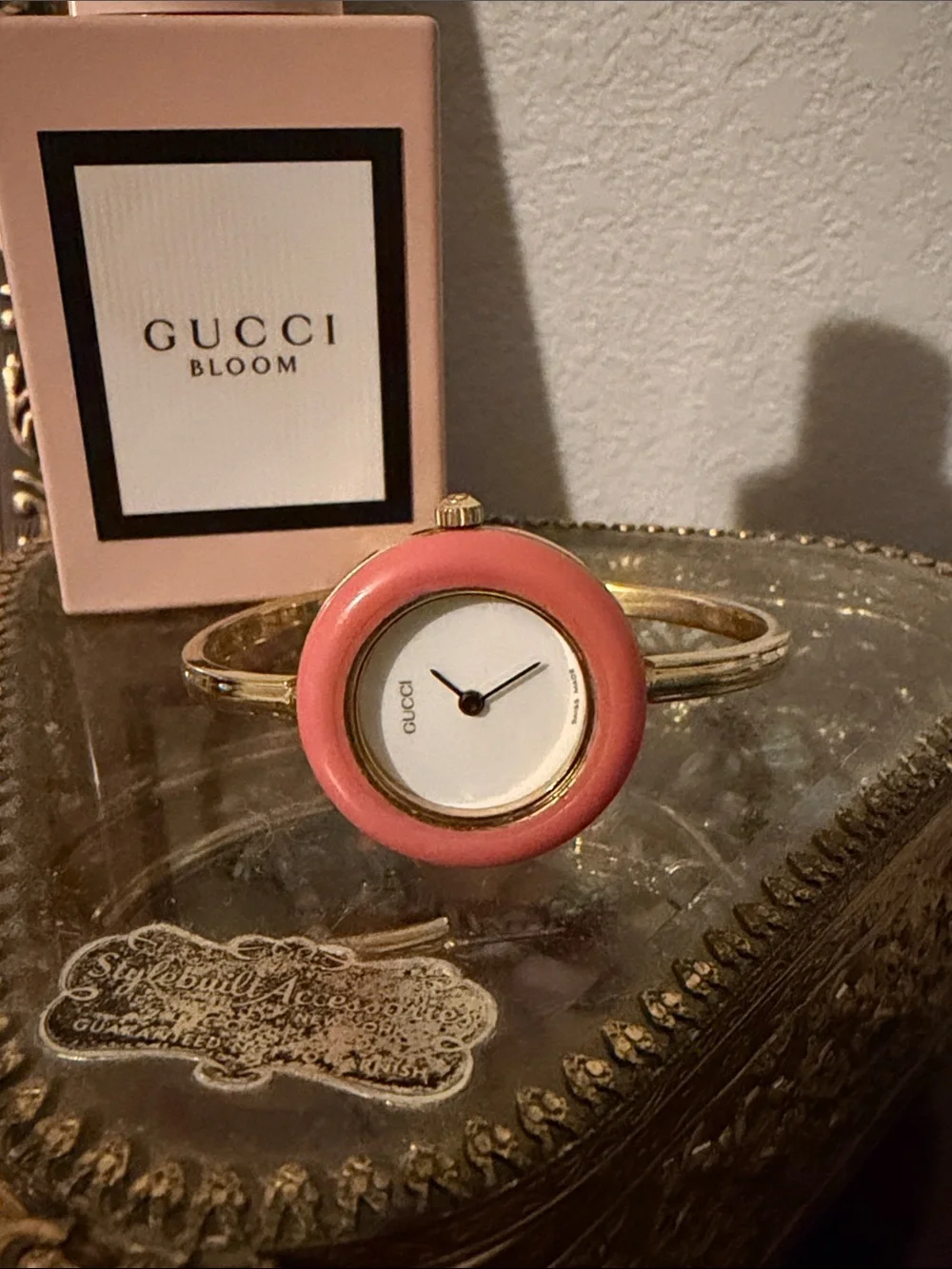Gucci Gold-Tone Bangle Watch with Pink Enamel Bezel